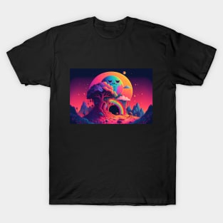 Sleepy Moon Over Forest Rainbow Portal - Psychedelic Landscape - Paint Dripping 3D Illustration - Colorful Haunted Nature Scene T-Shirt